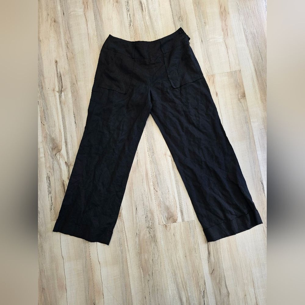 Larry Levine Black Cuffed Trousers Womens 14 Linen Blend Wide Belt Loop Leg